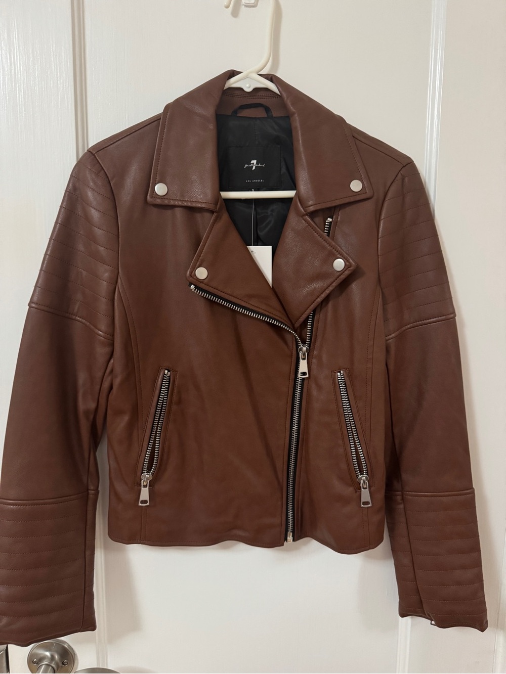 7 For All Mankind Chestnut Brown Leather Moto Jacket